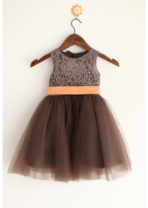 Coffee Lace Tulle Big Bow Flower Girl Dress